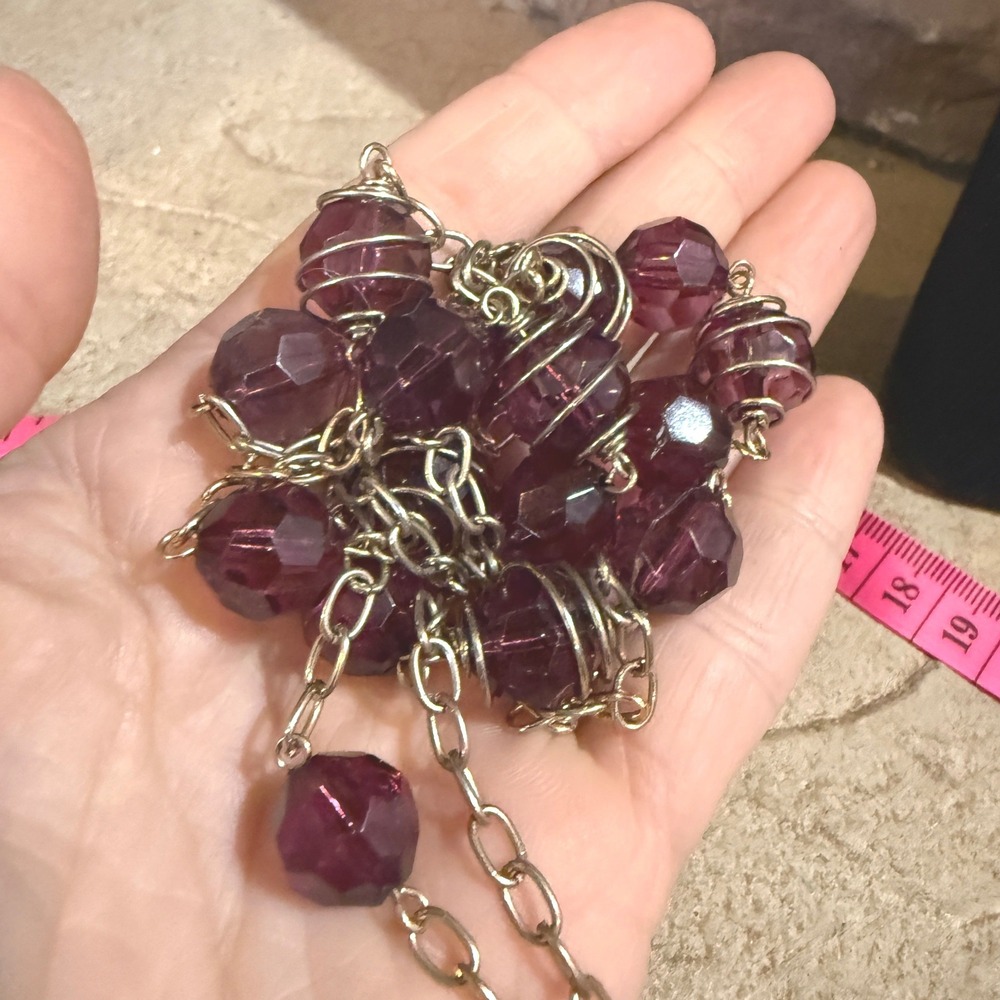 Purple Faceted Glass Bead Wire Wrapped Cage Station Necklace Silver Tone 34 Inch